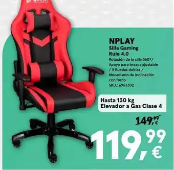 Worten Nplay Silla Gaming Rule 4.0 Hasta 130kg Elevador a Gas Clase 4 oferta