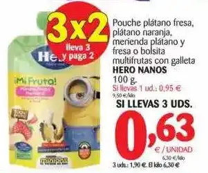 Alimerka Hero Nanos Pouche Plátano Fresa, Plátano Naranja, Merienda Plátano Y Fresa O Bolsita Multifrutas Con Galleta 100g oferta