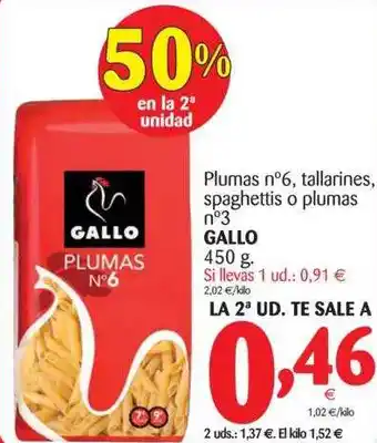 Alimerka Gallo Plumas N°6, Tallarines, Spaghettis O Plumas N°3 450g oferta