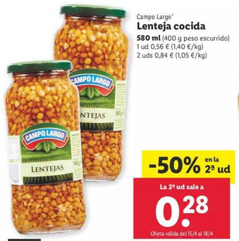 Lidl Campo Largo Lenteja Cocida 580ml oferta