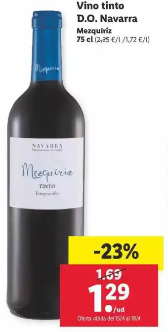 Lidl Vino Tinto D.o. Navarra Mezquiriz 75cl oferta