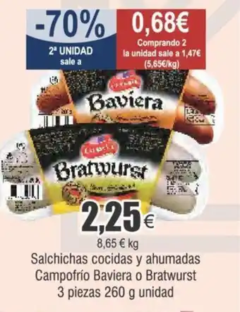 FROIZ Salchichas cocidas y ahumadas Campofrío Baviera o Bratwurst 3 piezas 260 g unidad oferta