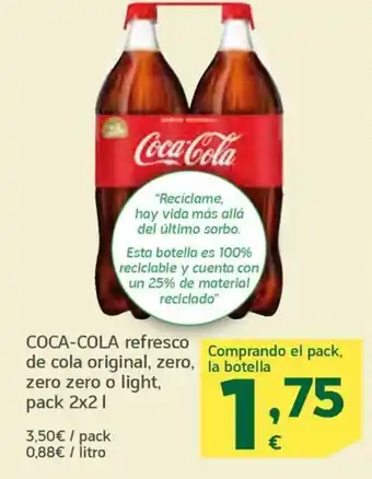 HiperDino COCA-COLA refresco de cola original, zero, zero zero o light, pack 2x21 oferta