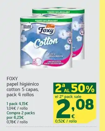 HiperDino FOXY papel higiénico cotton 5 capas, pack 4 rollos oferta