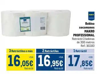 Makro Bobina secamanos MAKRO PROFESSIONAL Retráctil 3 bobinas de 300 metros Ref.: 161183 oferta