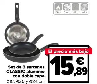 Carrefour Set de 3 sartenes CLASSIC aluminio con doble capa 018, 020 y Ø24 cm oferta