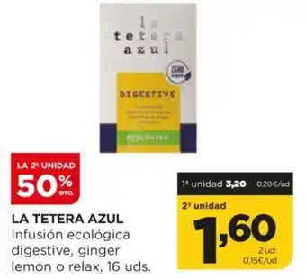 Alimerka LA TETERA AZUL Infusión ecológica digestive, ginger lemon o relax, 16 uds. oferta