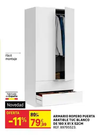 Leroy Merlin Armario Ropero Puerta Abatible Tuc Boanco De 180 X 81 X 52cm oferta
