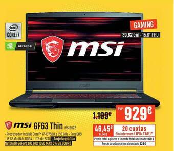 PCBox Msi Gf63 Thin oferta