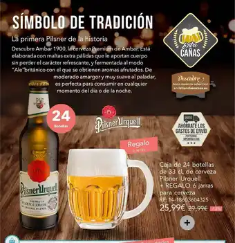 La tienda en casa Caja De 24 Botellas De 33 Cl De Cerveza Pilsner Urquell + Regalo 6 Jarras Para Cerveza oferta