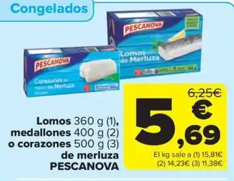 Carrefour Market Lomos 360 g (1), medallones 400 g (2) o corazones 500 g (3) de merluza PESCANOVA oferta