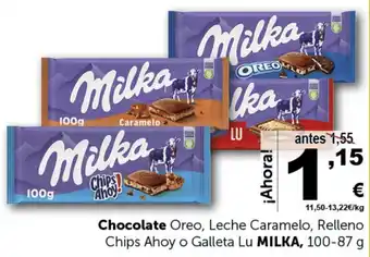 Masymas Chocolate Oreo, Leche Caramelo, Relleno Chips Ahoy o Galleta Lu MILKA, 100-87 g oferta