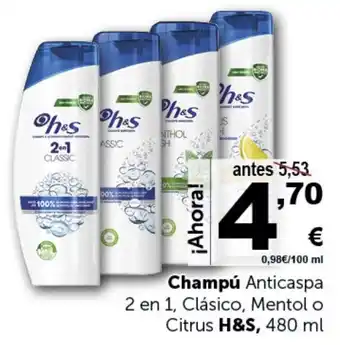 Masymas Champú Anticaspa 2 en 1, Clásico, Mentol o Citrus H&S, 480 ml oferta