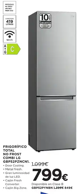 Hipercor FRIGORÍFICO TOTAL NO FROST COMBI LG GBP52PZNCN1. oferta