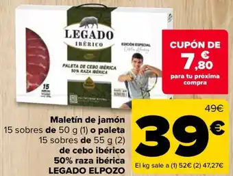 Carrefour Maletín de jamón 15 sobres de 50 g (1) o paleta 15 sobres de 55 g (2) de cebo ibérico 50% raza ibérica LEGADO ELPOZO oferta