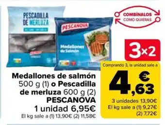 Carrefour Medallones de salmón 500 g (1) o Pescadilla de merluza 600 g (2) PESCANOVA oferta