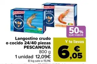 Carrefour Langostino crudo o cocido 24/40 piezas PESCANOVA 800 g oferta