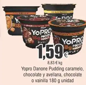 FROIZ Yopro Danone Pudding caramelo, chocolate y avellana, chocolate o vainilla 180 g unidad oferta