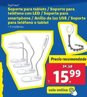 Lidl Soporte para tablets / Soporte para teléfono con LED / Soporte para smartphone / Anillo de luz USB oferta