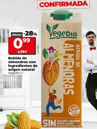 Bebida de almendras con ingredientes de origen vegadia