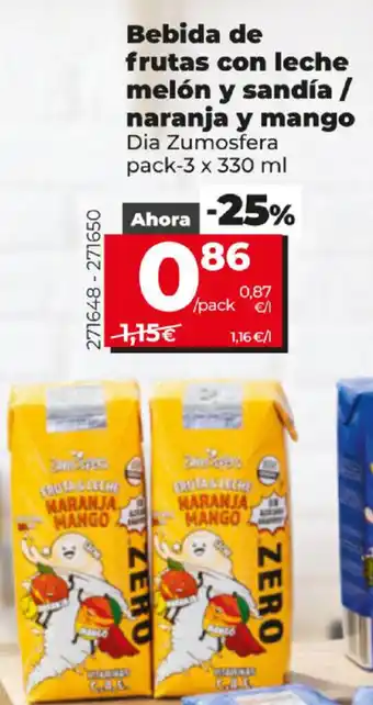 Dia Bebida de frutas con leche melón y sandía / naranja y mango Dia Zumosfera pack-3 x 330ml oferta