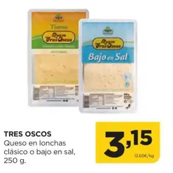 Alimerka TRES OSCOS Queso en lonchas clásico o bajo en sal, 250 g. oferta