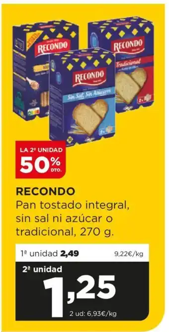 Alimerka RECONDO Pan tostado integral, sin sal ni azúcar o tradicional, 270 g. oferta
