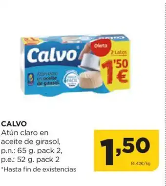 Alimerka CALVO Atún claro en aceite de girasol, p.n.: 65 g. pack 2, p.e.: 52 g. pack 2 *Hasta fin de existencias oferta
