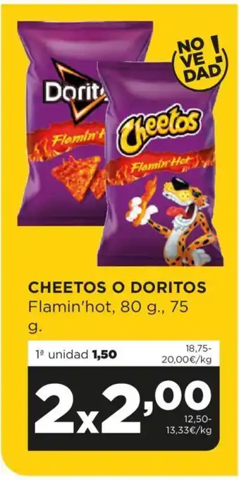 Alimerka CHEETOS O DORITOS Flamin'hot, 80 g., 75 oferta