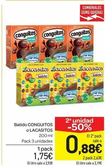 Batidos conguitos o lacasaitos 200 ml, pack de 3 uds