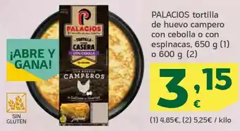 HiperDino Tortilla de huevo campero con cebolla o con espinacas oferta