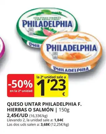 Supermercados MAS QUESO UNTAR PHILADELPHIA F. HIERBAS O SALMÓN oferta