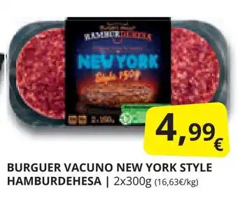 Supermercados MAS BURGUER VACUNO NEW YORK STYLE HAMBURDEHESA | 2x300g (16,63€/kg) oferta