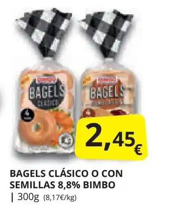 Supermercados MAS BAGELS CLÁSICO O CON SEMILLAS 8,8% BIMBO | 300g (8,17€/kg) oferta