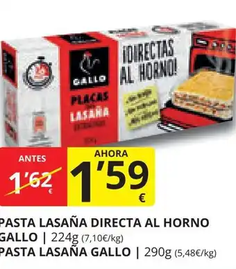 Supermercados MAS PASTA LASAÑA DIRECTA AL HORNO GALLO | 224g (7,10€/kg) oferta