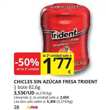 Supermercados MAS CHICLES SIN AZÚCAR FRESA TRIDENT oferta