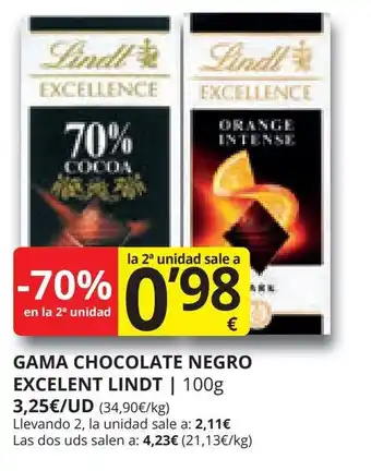 Supermercados MAS GAMA CHOCOLATE NEGRO EXCELENT LINDT | 100g oferta
