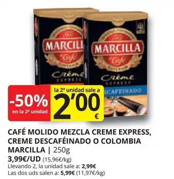 Supermercados MAS CAFÉ MOLIDO MEZCLA CREME EXPRESS, CREME DESCAFÉINADO O COLOMBIA MARCILLA | 250g oferta