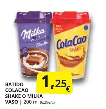 Supermercados MAS BATIDO COLACAO SHAKE O MILKA VASO | 200 ml (6,25€/L) oferta