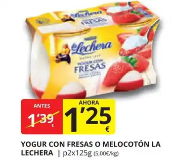 Supermercados MAS YOGUR CON FRESAS O MELOCOTÓN LA LECHERA | p2x125g (5,00€/kg) oferta