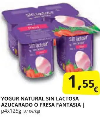 Supermercados MAS YOGUR NATURAL SIN LACTOSA AZUCARADO O FRESA FANTASIA | p4x125g (3,10€/kg) oferta