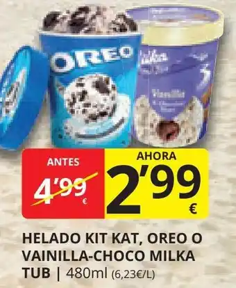 Supermercados MAS HELADO KIT KAT, OREO O VAINILLA-CHOCO MILKA TUB | 480ml oferta