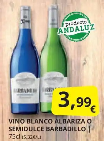 Supermercados MAS VINO BLANCO ALBARIZA O SEMIDULCE BARBADILLO | 75cl (5,32€/L) oferta