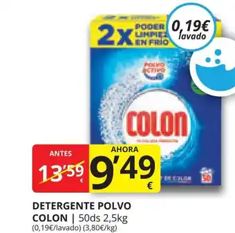 Supermercados MAS DETERGENTE POLVO COLON | 50ds 2,5kg (0,19€/lavado) (3,80€/kg) oferta