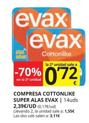 Supermercados MAS COMPRESA COTTONLIKE SUPER ALAS EVAX oferta