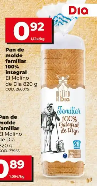 Dia El Molino de Dia Pan de molde familiar 100% integral 820g oferta
