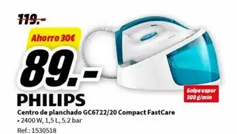MediaMarkt Centro de planchado GC6722/20 Compact FastCare .2400 W, 1,5 L, 5.2 bar Ref.: 1530518 oferta