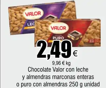 FROIZ Chocolate Valor con leche y almendras marconas enteras o puro con almendras 250 g unidad oferta