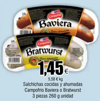 FROIZ Salchichas cocidas y ahumadas Campofrío Baviera o Bratwurst 3 piezas 260 g unidad oferta
