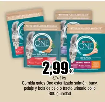 FROIZ Comida gatos One esterilizado salmón, buey, pelaje y bola de pelo o tracto urinario pollo 800 g unidad oferta